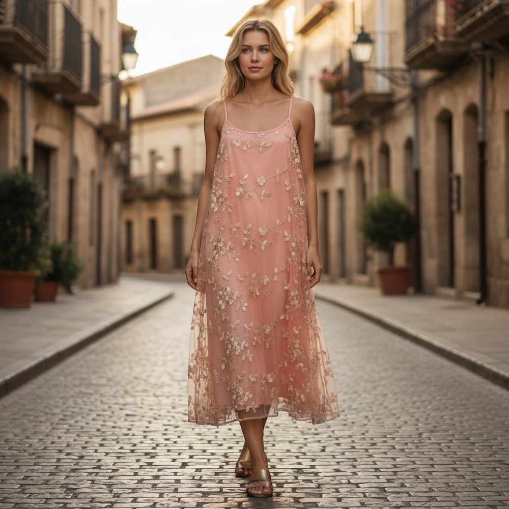 Pink Floral Embroidered Mesh‎ Slip Dress Womens M Midi Spaghetti Strap Fairy